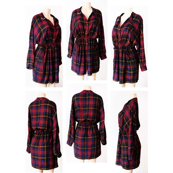 Plaid Checker Drawstring Oversize Cute Shirt Dress - Picture 7 of 8